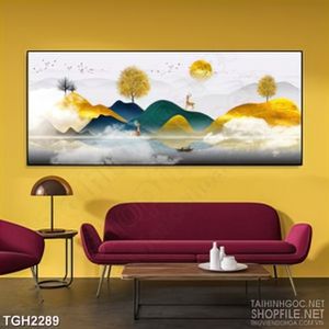 Tranh ghép nghệ thuật đàn hươu và những ngọn núi ánh vàng