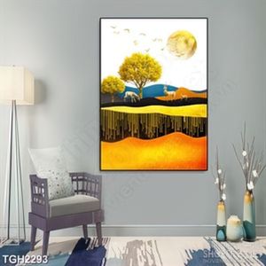 Tranh ghép in uv đàn hươu dáp vàng nhảy nhót trên đồi trọc
