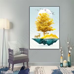 Tranh ghép hai chú hươu bên gốc cây dáp vàng in canvas