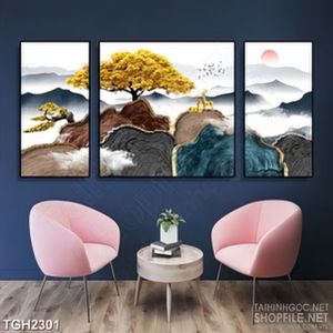 Tranh ghép in uv dán tường cây vàng trên đồi bên đàn hươu