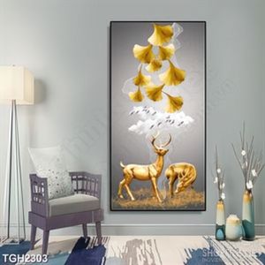 Tranh ghép hai chú hươu dáp vàng dưới những chiếc lá in 3d