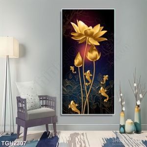 Tranh ghép decor những bông sen vàng bên đàn cá heo vàng