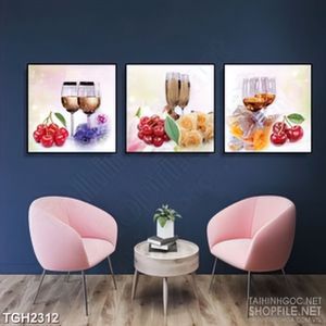 Tranh ghép in canvas những ly rượu vang bên chùm cherry