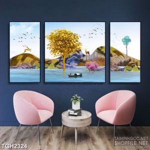 Tranh ghép trang trí người lái đò trên sông và đàn hươu vàng