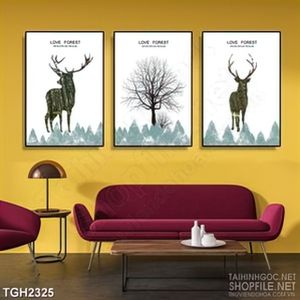 Tranh ghép in uv hai chú hươu bên gốc cây trụi lá dán tường