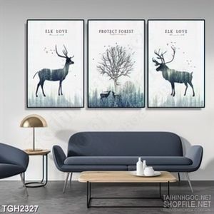Tranh ghép hai chú hươu bên đàn chim én trong rừng in 3d