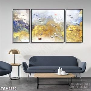 Tranh ghép trang trí đàn bồ câu trắng tung bay trên trời vàng