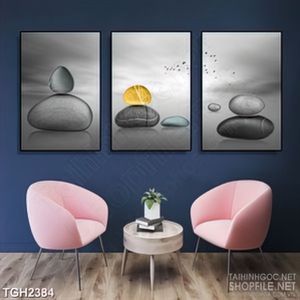 Tranh ghép in canvas những hòn đá cuội trên nền  màu xám