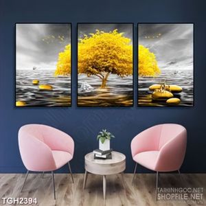 Tranh ghép những hòn đá cuội bên cây lá vàng óng ánh in 5d