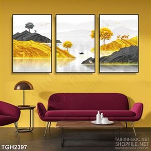 Tranh ghép in uv những ngọn đồi dáp vàng bên dòng sông