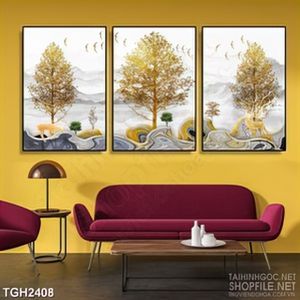 Tranh ghép in canvas những cây lá vàng trên ngọn đồi trọc