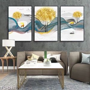 Tranh ghép decor dãi màu xanh vàng và những cây lá  vàng