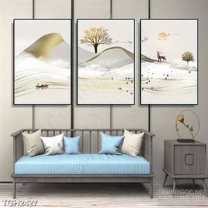 Tranh ghép decor đàn chim én và chú hươu trên ngọn núi