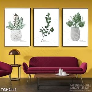 Tranh ghép decor những chiếc lá màu xanh trong chậu gốm