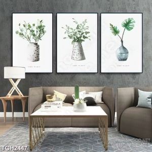 Tranh ghép những chiếc bình gốm trồng cây lá xanh in 3d