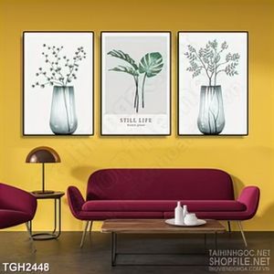 Tranh ghép in canvas những chiếc lá xanh trong lọ thủy tinh