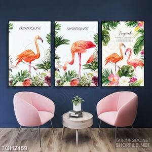Tranh ghép decor chú cò hồng bên rừng hoa hồng khoe sắc