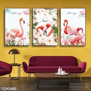 Tranh ghép đôi cò uyên ương bên vườn hoa hồng trang trí