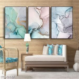 Tranh ghép in uv những vệt màu loang xanh hồng trên tường