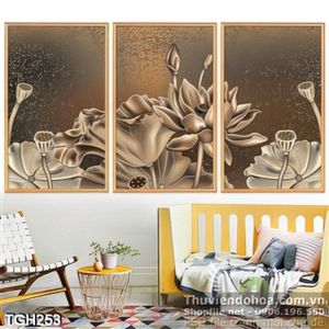 Tranh ghép wall hoa sen mạ vàng sắc xảo in uv