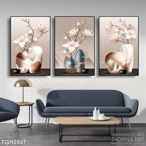 Tranh ghép những cành hoa đào tròng bình  dán tường in 5d