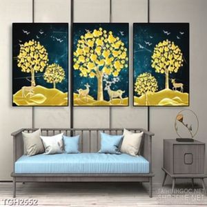 Tranh ghép in canvas khu rừng cây lá vàng và đàn hươu con