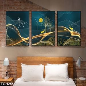 Tranh ghép in uv chú hươu và đàn cò trắng bên ánh trăng tròn