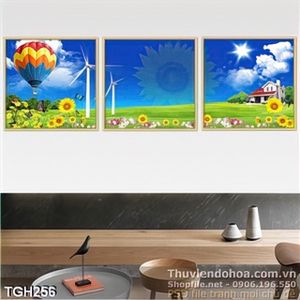 Tranh ghép 3d cánh đồng cỏ và ngôi nhà