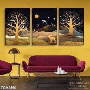 Tranh ghép in canvas rừng trụi lá bên đàn cò trắng và hươu