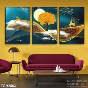 Tranh ghép decor đàn cò trắng tung bay dưới ánh trăng vàng