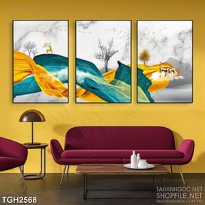 Tranh ghép in canvas những dãy lụa vàng xanh tạo thành núi