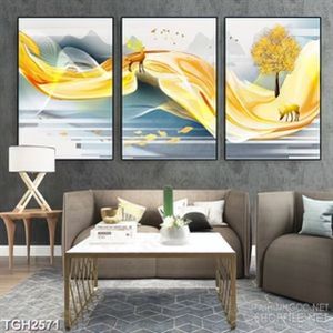 Tranh ghép decor những dãy lụa vàng bên những chú hươu non