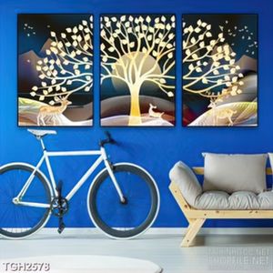 Tranh ghép những chú hươu bên cây lá vàng đâm chồi in 5d