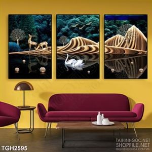 Tranh ghép decor dán tường chú hươu và đôi chim thiên nga