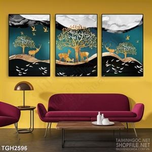 Tranh ghép trang trí những chú hươu trong khu rừng lá vàng