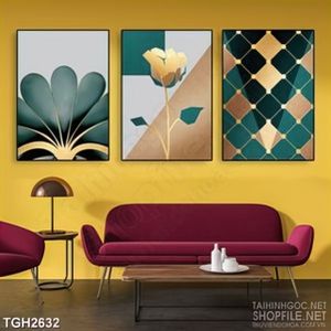 Tranh ghép in canvas hoa văn gang màu xanh vàng dán tường