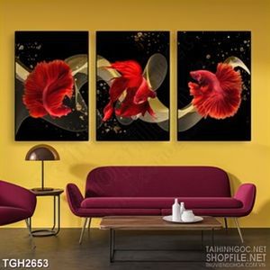 Tranh ghép in uv những chú cá sim betta đỏ rực rỡ xinh đẹp