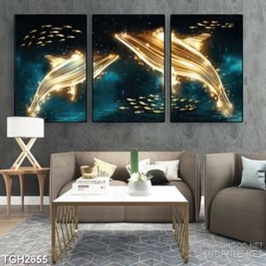 Tranh ghép hai chú cá voi ánh vàng trên mặt biển xanh in 3d