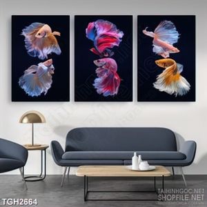 Tranh ghép in canvas đàn cá đá với những chiếc đuôi xinh đẹp