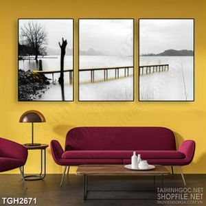 Tranh ghép chiếc cầu gỗ vàng trãi dài ra biển dán tường in 3d