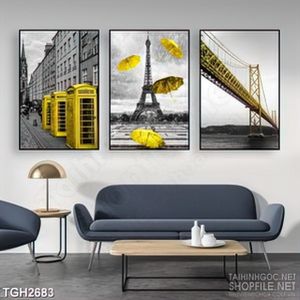 Tranh ghép decor những chiếc ô màu vàng bay trong mưa bão