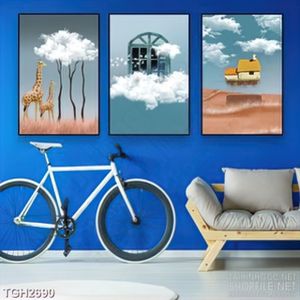 Tranh ghép hai chú hươu cao cổ trong rừng và cánh cửa sổ 5d