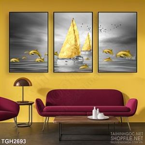 Tranh ghép in uv những cánh buồm ánh vàng bên đàn cá heo