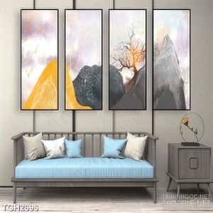 Tranh ghép in canvas những ngọn núi nhấp nhô bên đàn chim