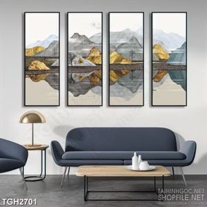 Tranh ghép in uv ngọn núi nhấp nhô dưới những đám mây trắng