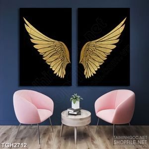 Tranh ghép in canvas đôi cánh thiên thần dáp vàng trên nền đen