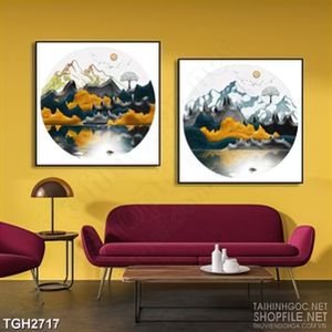 Tranh ghép in uv dòng sông yên tĩnh dưới chân núi dán tường