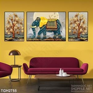 Tranh ghép decor chú voi xanh và khu rừng yên tĩnh dán tường