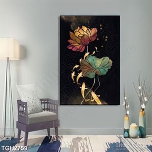 Tranh ghép những bông sen hồng bên đàn cá chép vàng in 3d