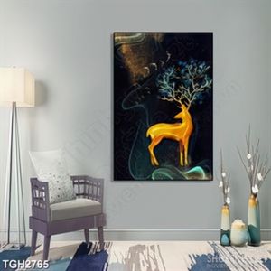 Tranh ghép in uv cặp sừng trổ đầy hoa xanh của chú hươu vàng